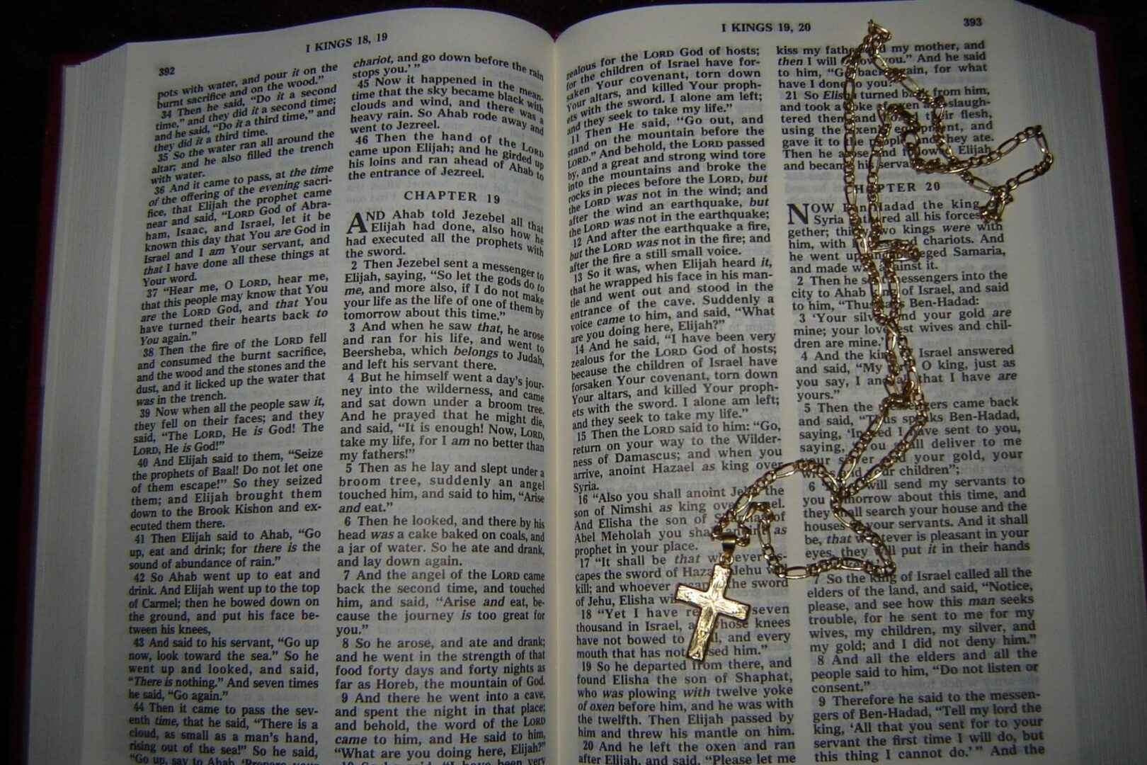 A cross on the page of an open bible.